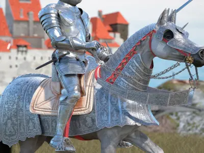  Horse in Medieval Armor with Knight Rider Fur 