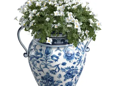 Flower bed of white flowers in Italian vase by Santorini Garden  3D model