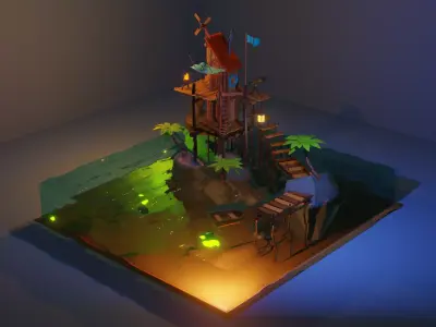 SeaShack island with light Low-poly 3D model