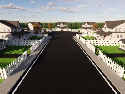 3D Neighborhood Model 5 street with houses and picket fence 3D model