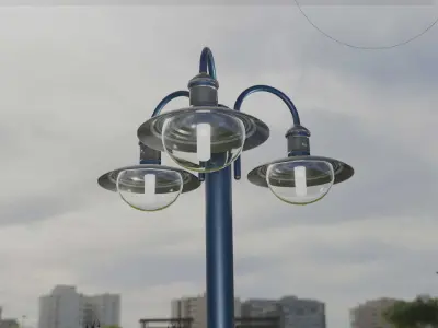 Street Light -7- Blue Version -3 Lamps-  Low-poly 3D model