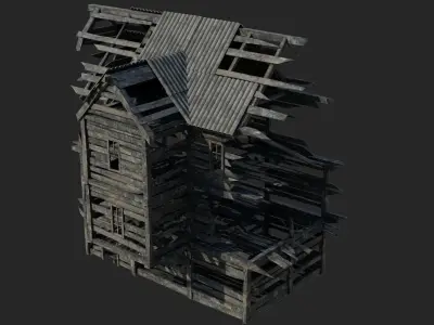 Burned and ruined Wooden Buildings Low-poly 3D model