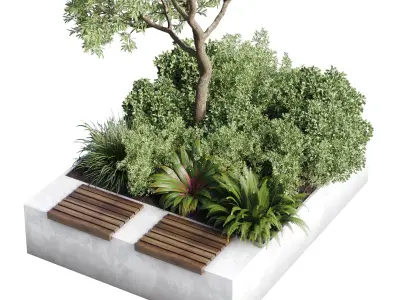 Urban Environment Urban Furniture Green Benches Plants and Tree 3D model
