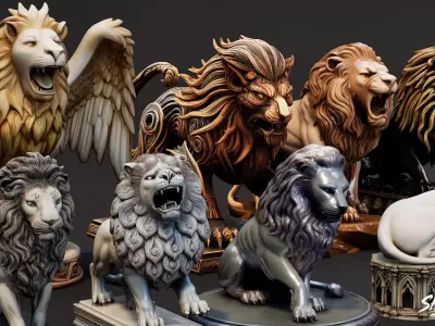 Lion Statues Pack VOL3 Low-poly 3D model