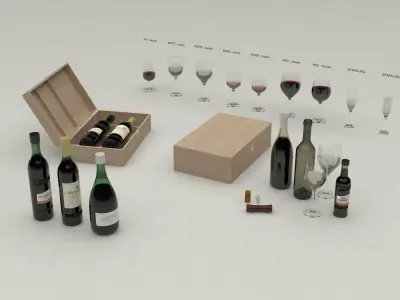 Wine set bottles in wooden box 3D model