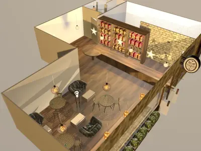 small coffee shop with kitchen streamline designed restroom 3D model