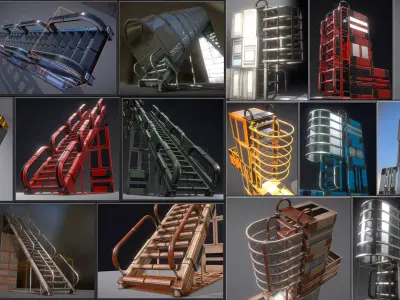 Futuristic Ladders and Stairs Set - All Available PBR Textures  Low-poly 3D model
