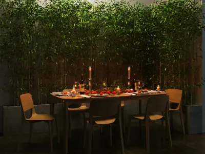 table setting with tangerines in bamboo 3D model