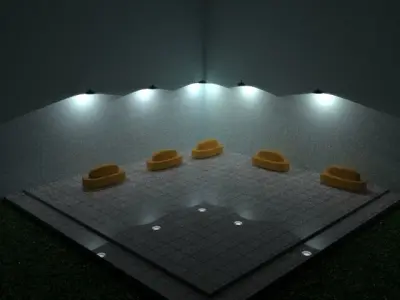 TRAIN STATION BENCH WITH LIGHTS AND TRASH CANS  Low-poly 3D model