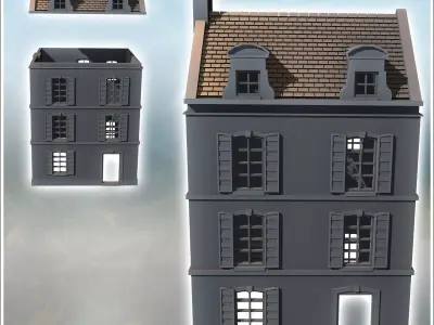 Square building with two floors and baroque-style roof windows i 3D print model