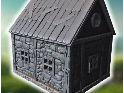 Small medieval stone cottage with wooden door circular window an 3D print model