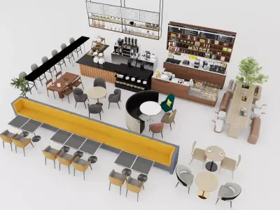 Modern coffee shop interior bar furniture props package Low-poly 3D model