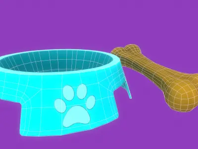 Stylized Light Blue Pet Bowl and Bone Toy Free low-poly 3D model