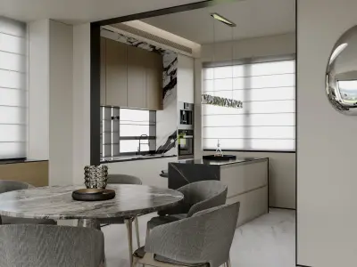 Modern living room dining room and kitchen scene  3D model
