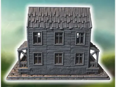 Old wooden tavern with a sign front porch balconies and visible  3D print model