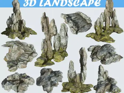 Low poly gray mossy big rock formular Low-poly 3D model