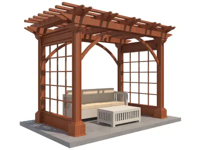 Pergolas Set 3 wooden pergola with bench and table Low-poly 3D model