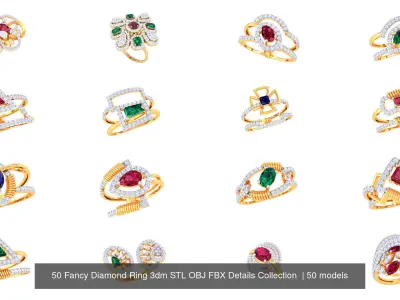 50 Fancy Diamond Ring 3dm STL OBJ FBX Details Collection  3D Model Pack