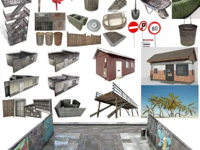 exterior city building objects - low-poly - street 3D Model Pack