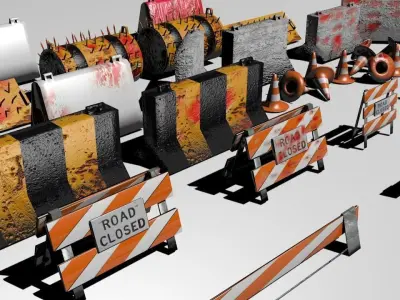 Road blocks and signs Low-poly 3D model
