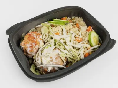 Poke bowl lunch box with pilaf cucumber meat ball and salad 3D model