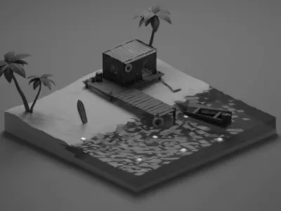 Low Poly Beach island with palm trees and boat Low-poly 3D model
