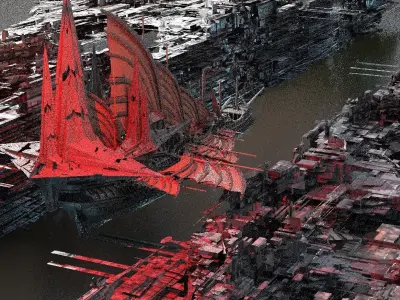 Dark Cyberpunk Slums City with Ship 3D model