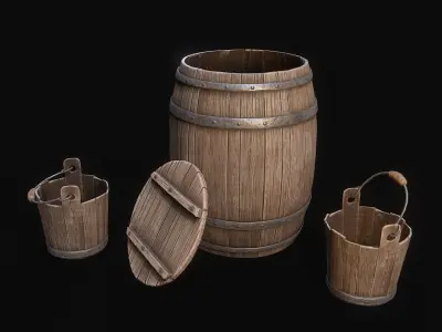 Medieval Barrels and bucket Low-poly 3D model
