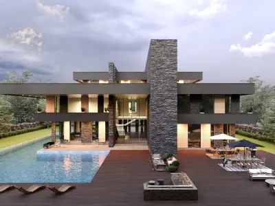 frank lloyd wright style house architecture full furnished villa 3D model