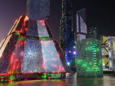 pack of 17 CyberPunk buildings Low-poly 3D model