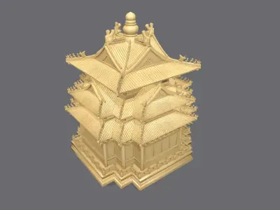 Ancient octagonal building bone carving Low-poly 3D model