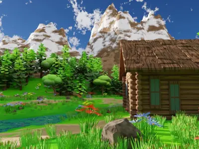 House Near Mountain Scene 3D model