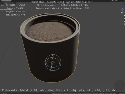 Concrete Pipe Flower Pot 800mm High-Poly 3D model