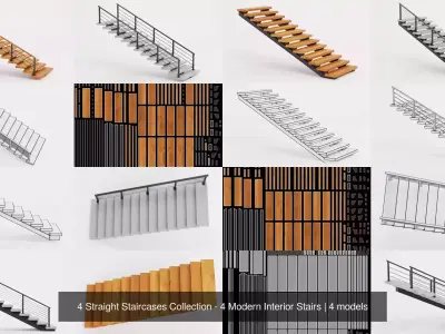 4 Straight Staircases Collection - 4 Modern Interior Stairs 3D Model Pack
