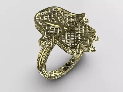 Architectural LV Monogram Hamsa Filigree Ring - 14K Gold 3D print model