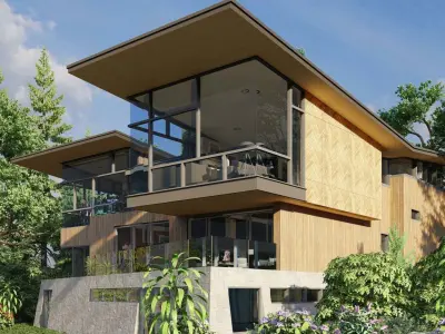 A Villa in the valley with flowers and trees 3D model