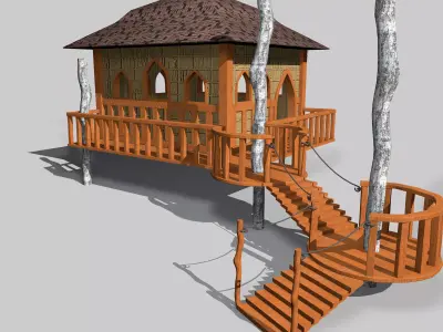 Wooden Cottage with Stairs 3D model