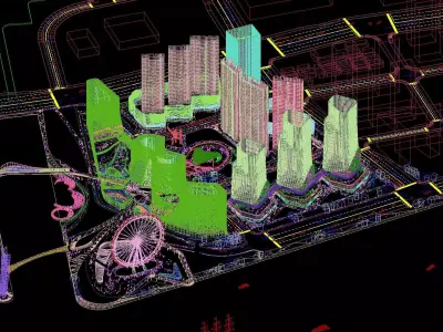 Riverfront Cityscape with Mixed-Use Towers and Ferris Wheel 3D model