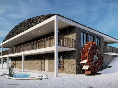 Double story building structure with outdoor water pond Exterior 3D model