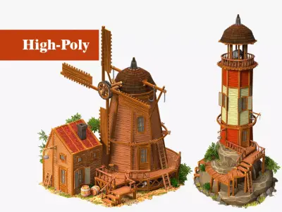 Old lighthouse and old mill wild west two buildings 3D Model Pack