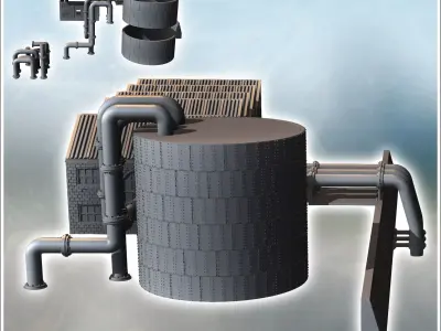 Industrial building with partial shed roof tanks and external pi 3D print model