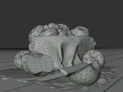 Apple in a Bowl with Fabric over wooden plank floor-Blender 3D model