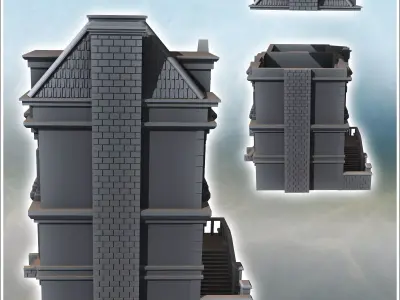 Set of two European houses with upper floor and access staircase 3D print model