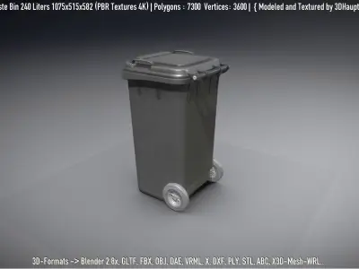 Black Plastic Waste Bin 240 Liters 1075x515x582  Low-poly 3D model