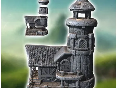 Round medieval lighthouse with annex house and access staircase  3D print model
