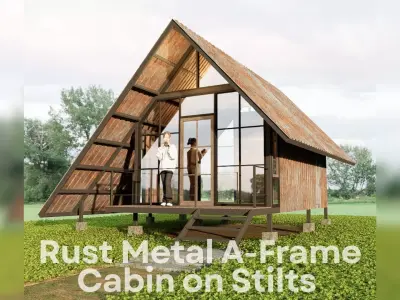 Rust Metal A-Frame Cabin on Stilts-Tropical Modern Shelter Low-poly 3D model