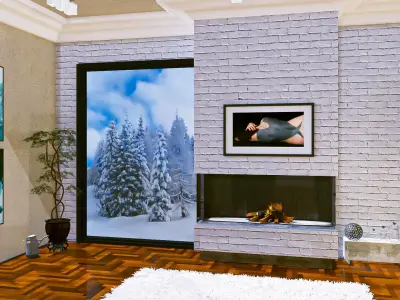 Fireplace with window White Briks Wall Free 3D model
