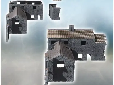 Set of Stone Farm Buildings with Tile Roof 20 - Modern WW2 WW1 W 3D print model