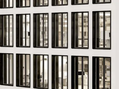 Modern office facade 02 at night with simple interiors 3D model