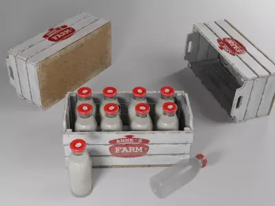 Crate with glass milk bottles Low-poly 3D model